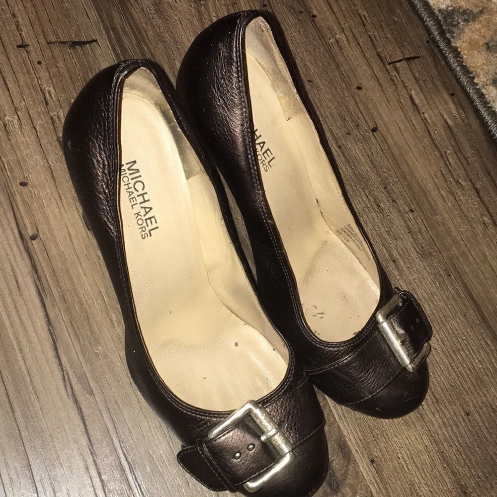 Brown Buckle toe Michael Kors leather heels shoes